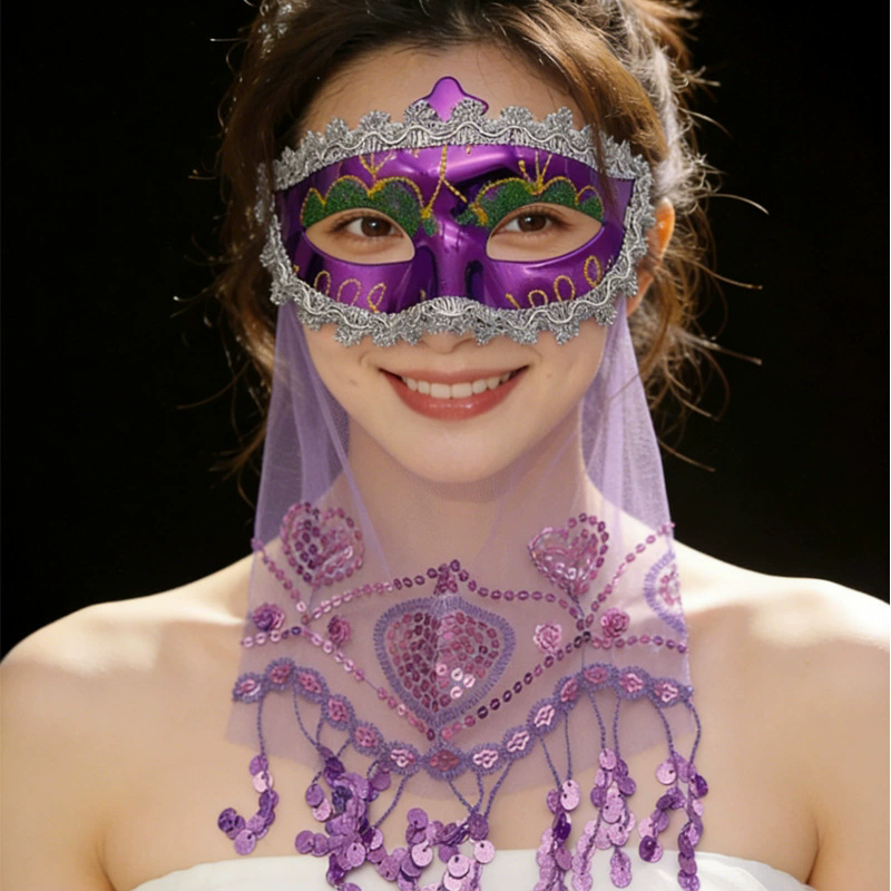 Indian Belly Dance Mask with Veil – Gold Glitter Sequin Half Face Masquerade Mask for Women  Party Costume Accessory