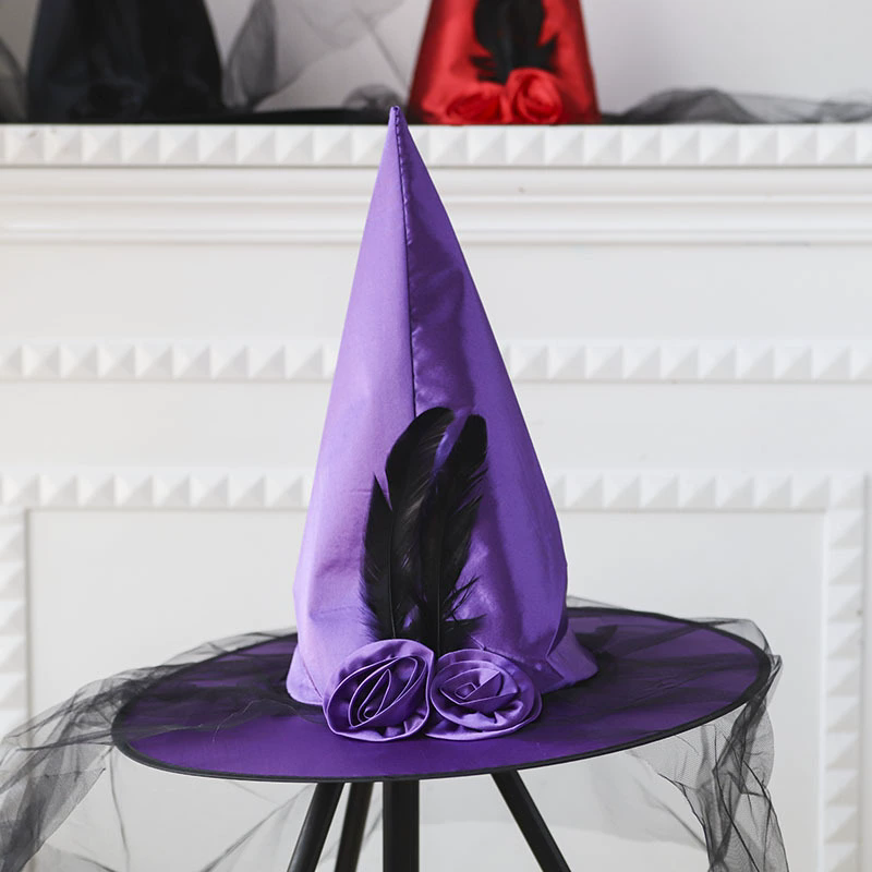 Halloween Rose Flower Witch Hat with Netting – Kids and Adults Tulle Wizard Cap for Masquerade Party