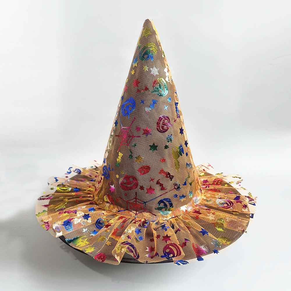 Full Color Printed Netting Witch Hat – Colorful Patterned Tulle Wizard Cap for Adults, Kids, Halloween Party