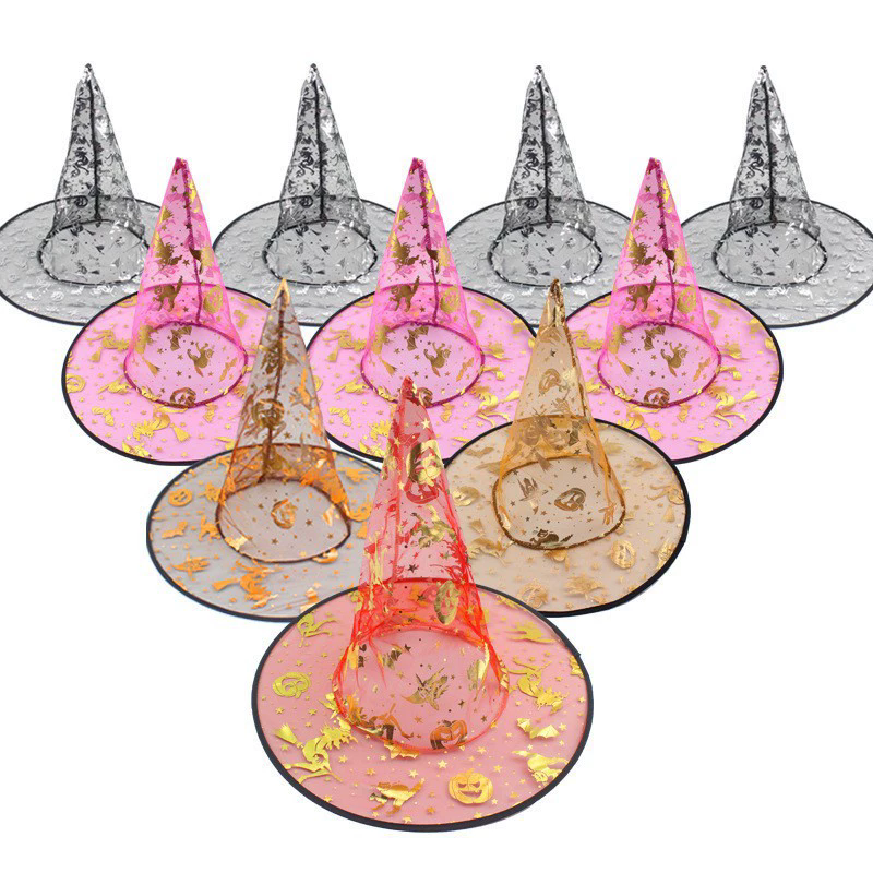 Halloween Witch Hat with Pumpkin & Gold Foil – Metallic Tulle Wizard Cap for Party Decoration