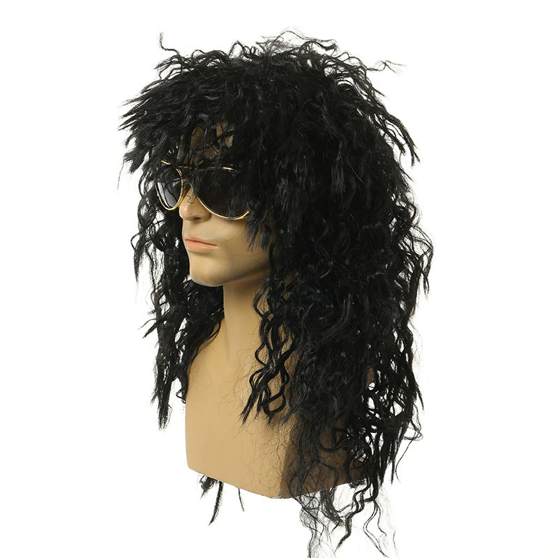 Men's 70s Vintage Black Wig – Retro Curly Disco Punk Rock Wig for Adult Halloween Cosplay Costume