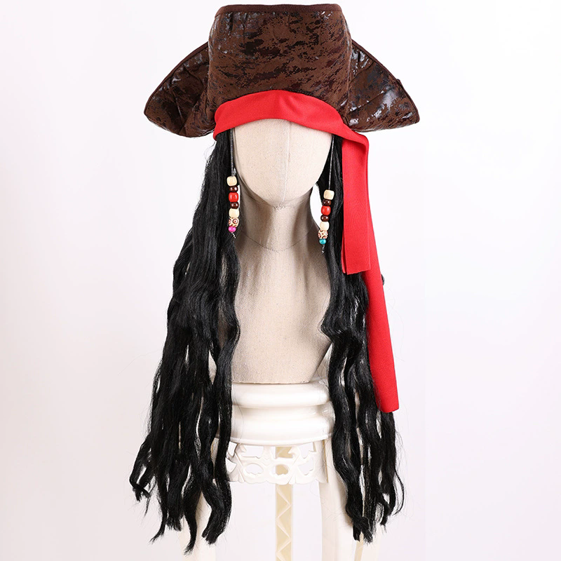 Captain Jack Sparrow Style Wig with Faux Leather Pirate Hat – Men's Caribbean Pirate Costume Set for Halloween