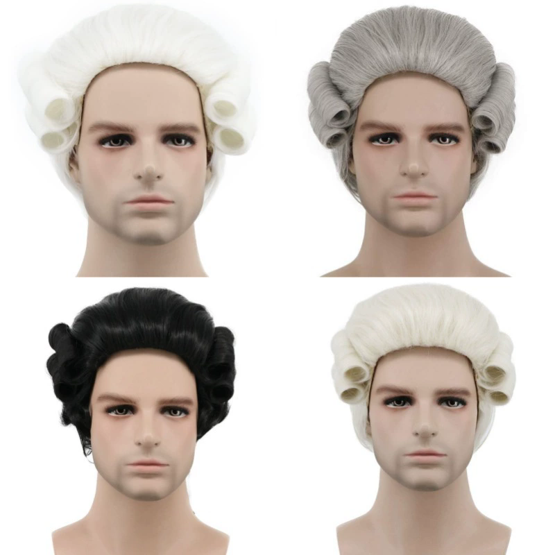Men's Baroque Colonial Wig – Synthetic Full Cap Judge Lawyer Costume Periwig for Historical Cosplay