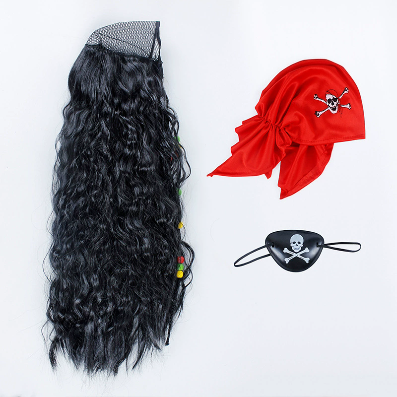 Captain Hook Wig with Red Bandana – Men's Long Black Curly Pirate Wig for Halloween Cosplay Costume