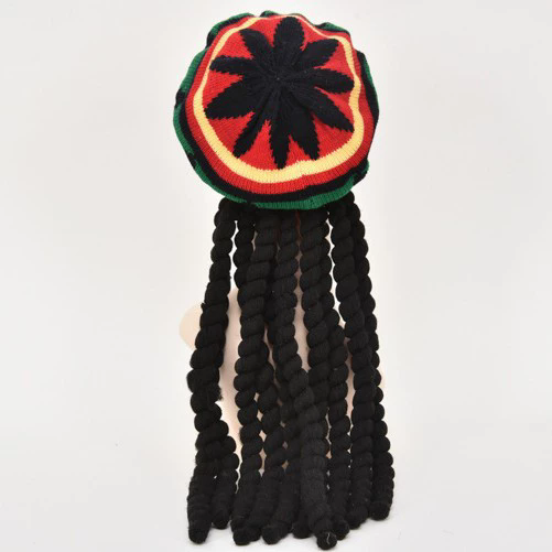 Rasta Reggae Hat with Dreadlocks – Jamaican Beret Knit Octagonal Cap with Fake Hair for Halloween Costume
