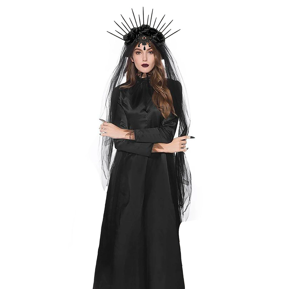 Gothic Crown Headband with Black Rose and Veil – Dark Queen Headpiece for Women Halloween Costume Prop
