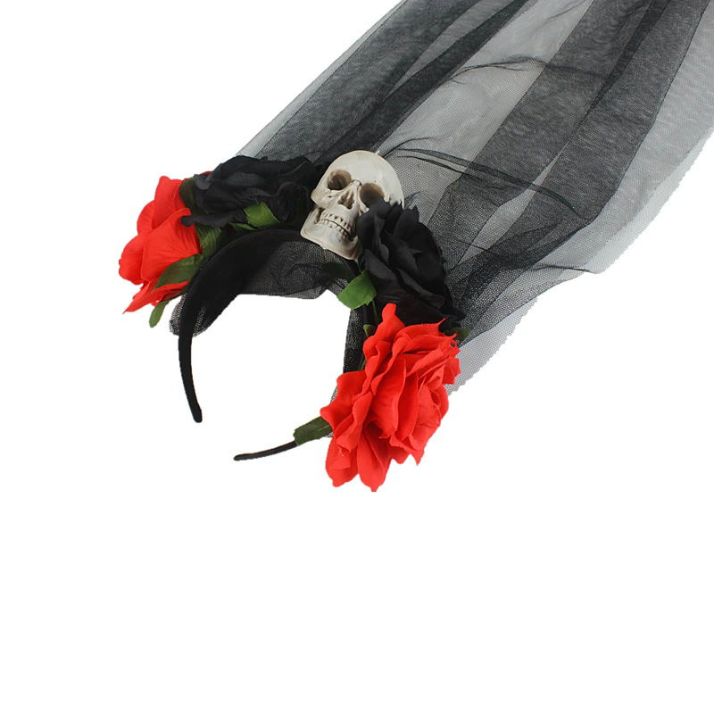 Large Skull Headband with Rose Flowers and Mesh Veil – Gothic Halloween Hairband for Women Costume Prop