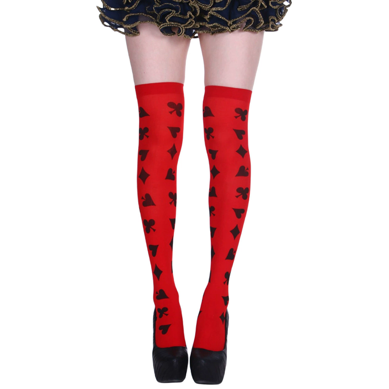 Poker Card Print Thigh High Socks – Halloween Over Knee Stockings with Playing Card Pattern for Women