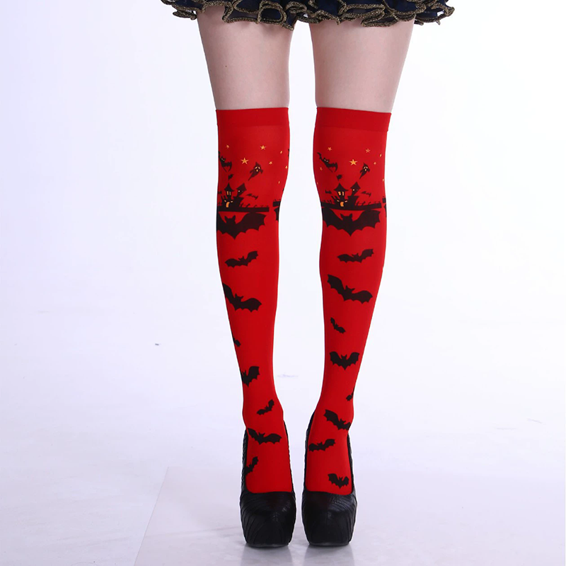 Halloween Bat Pattern Thigh High Socks – Bat Print Over Knee Stockings for Women Costume Prop