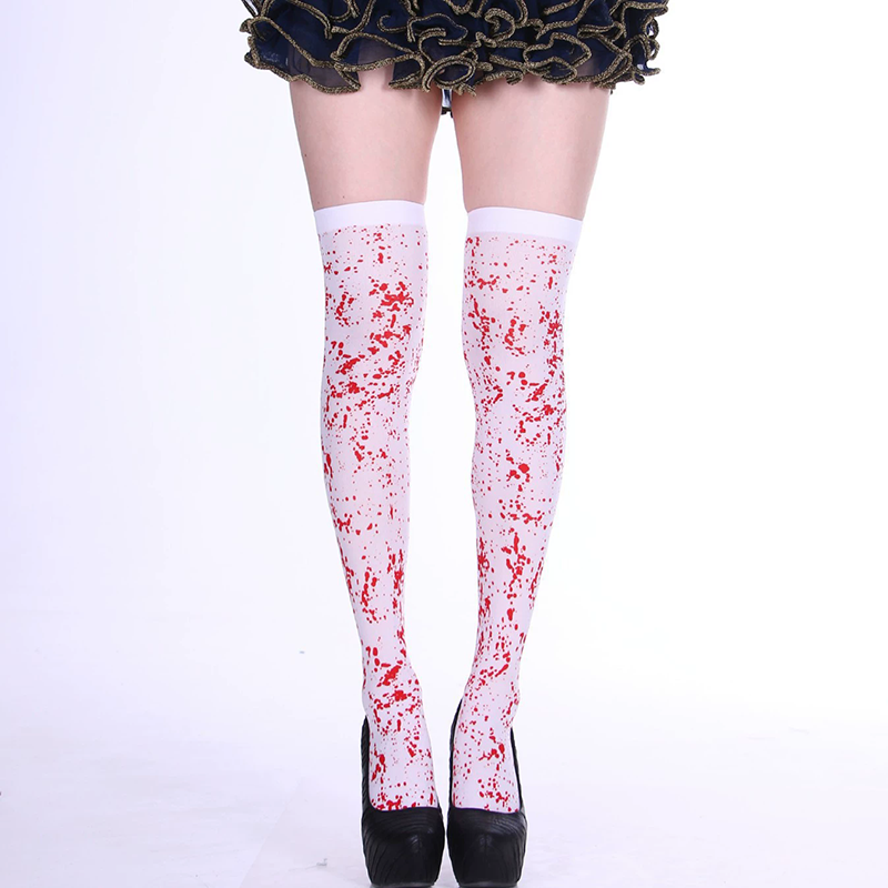 Blood Splatter Over Knee Socks – Halloween Bloody Print Thigh High Stockings for Women Cosplay