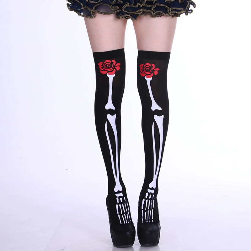 Skeleton Bone Print Thigh High Socks – Skeletal Leg Over Knee Stockings for Women Halloween Costume