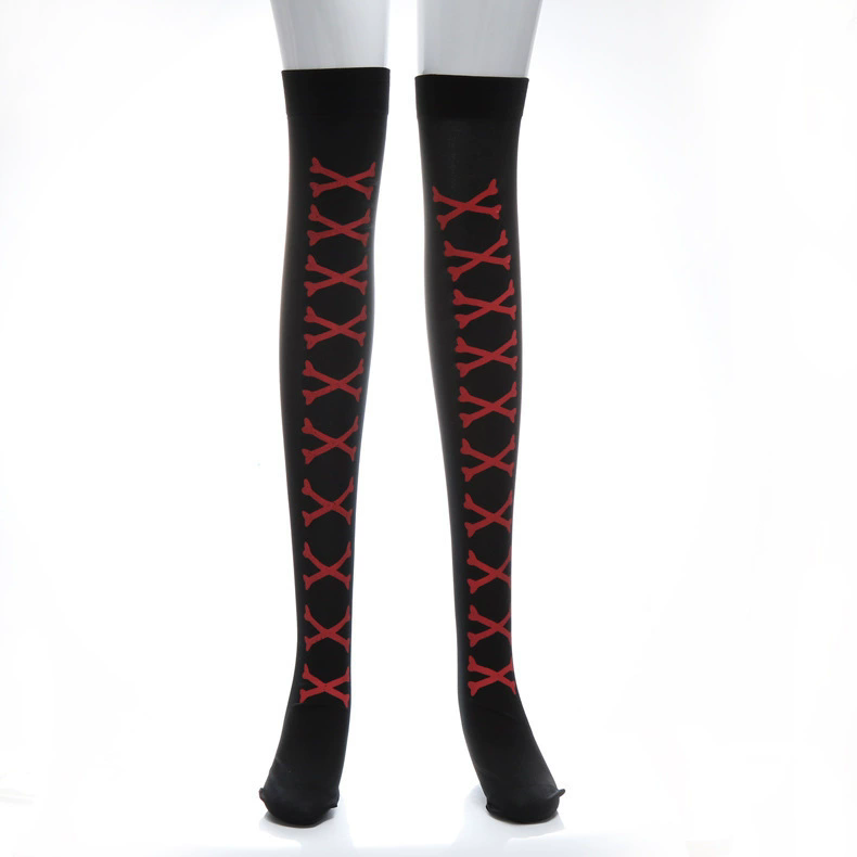 Bone Print Over Knee Stockings – Halloween Thigh High Socks with Bone Pattern for Women