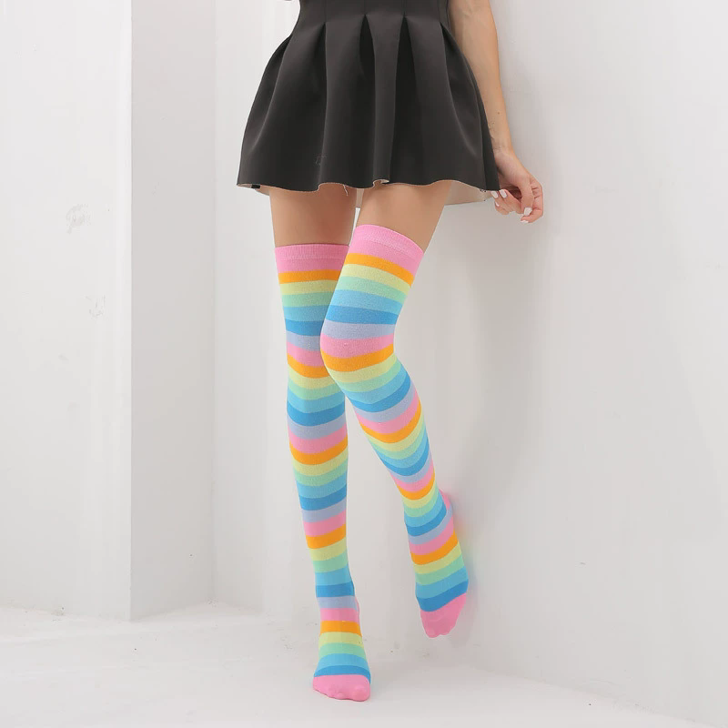 Rainbow Stripe Thigh High Socks – Colorful Over Knee Stockings for Women Halloween Pride Cosplay