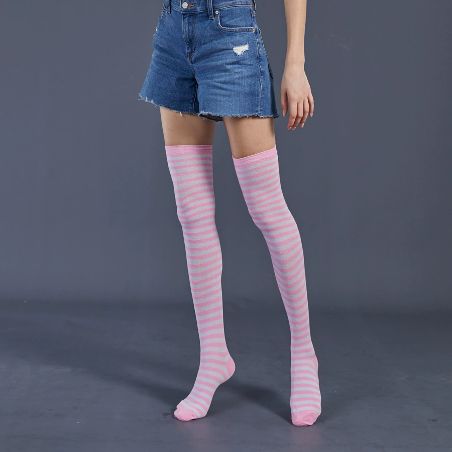 Thin Striped Thigh Highs – Fine Line Horizontal Stripe Over Knee Socks for Women Halloween Party