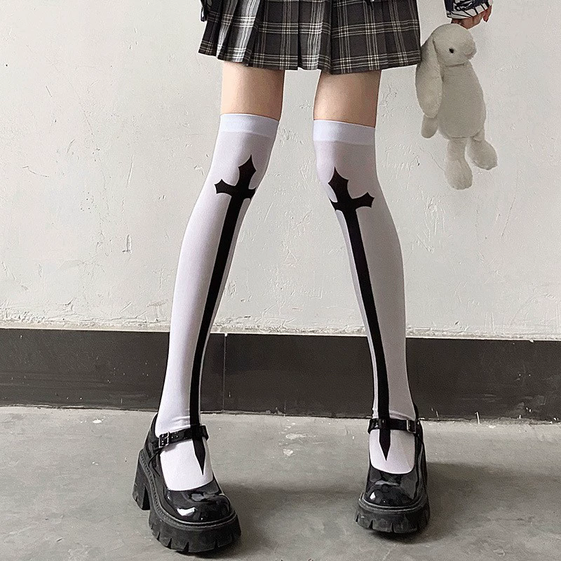 Gothic Punk Halloween Over Knee Socks – Spooky Print Thigh High Stockings for Women Costume Prop