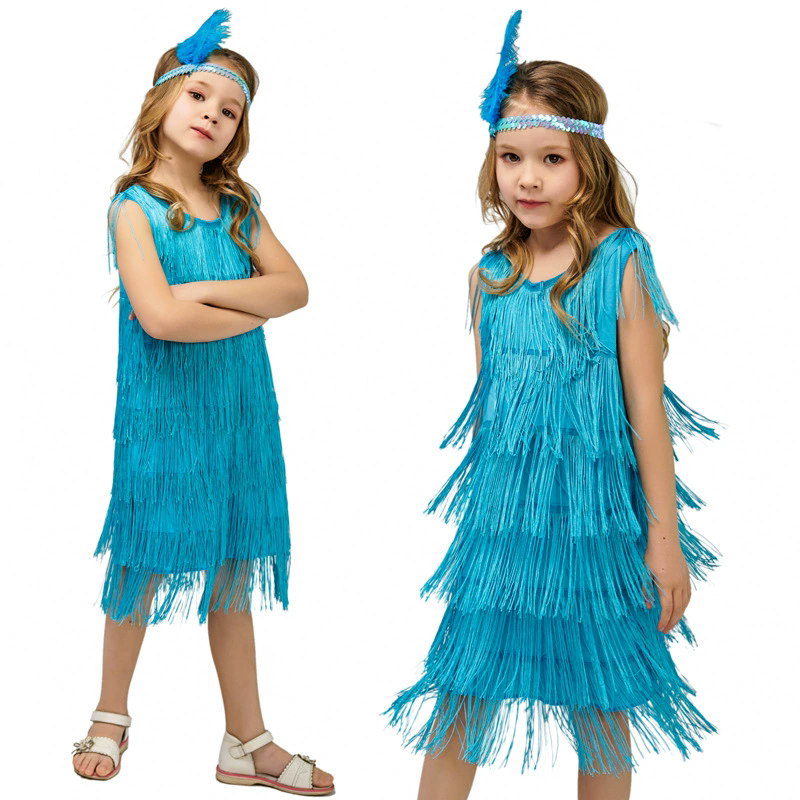 Girls Vintage Latin Dance Costume, Tassel Fringe Skirt for Stage Performance Party Dress