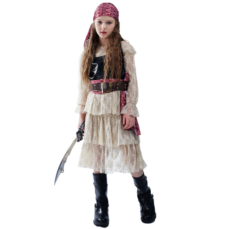 Girls Pirate Costume Halloween, Lace Up Dress with Ruffled Skirt for Cosplay Party