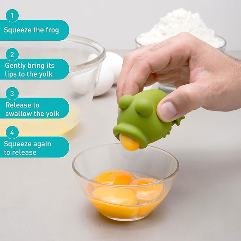 step-by-step usage display of frog silicone egg divider separating raw egg yolk