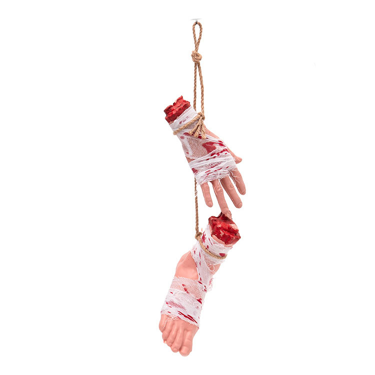 Hanging Realistic Severed Hand and Foot for Halloween – Fake Bloody Body Parts Prop for Haunted House, Prank, and Horror Party Decoration
