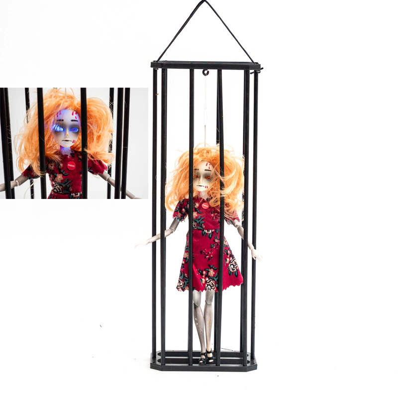 Caged Ghost Pendant with LED – Halloween Hanging Decoration, Funny Prank Prop with Tiny Skeleton Inside Cage for Haunted House