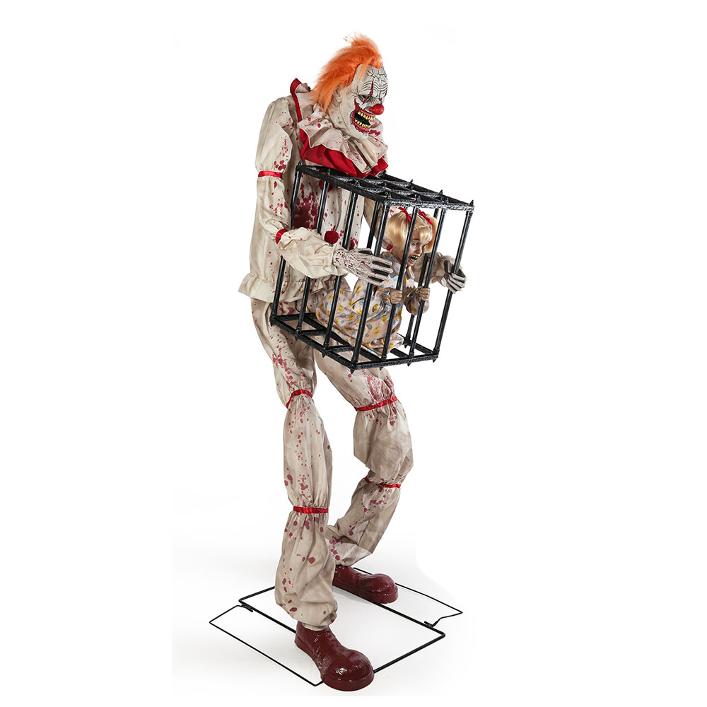 Large Motion-Activated Clown with Cage – Electric Halloween Animatronic Prop for Haunted House Decor
