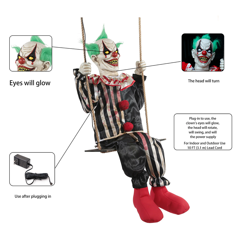 Swinging Clown on a Swing – Glowing Halloween Scary Decoration Hanging Prop for Haunted House