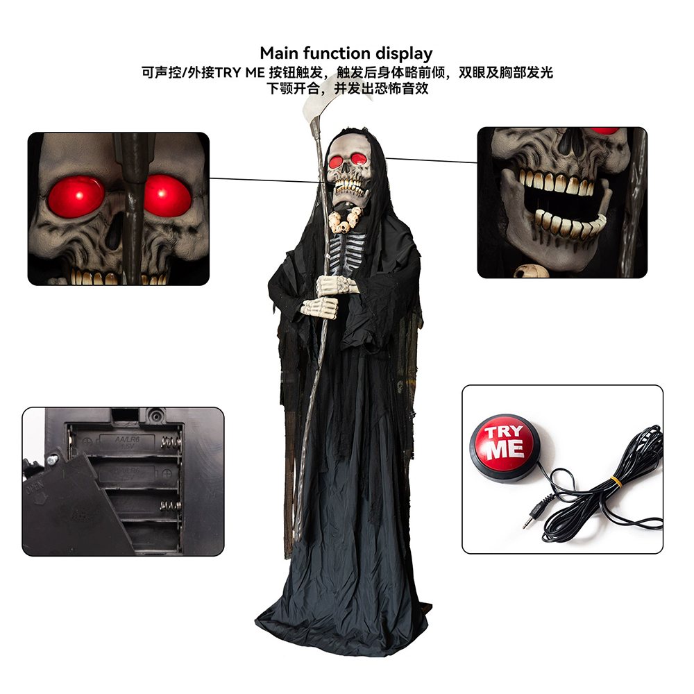 3.2m Tall Standing Grim Reaper with Scythe – Giant Halloween Skeleton Animatronic Prop for Haunted House & Yard Decor