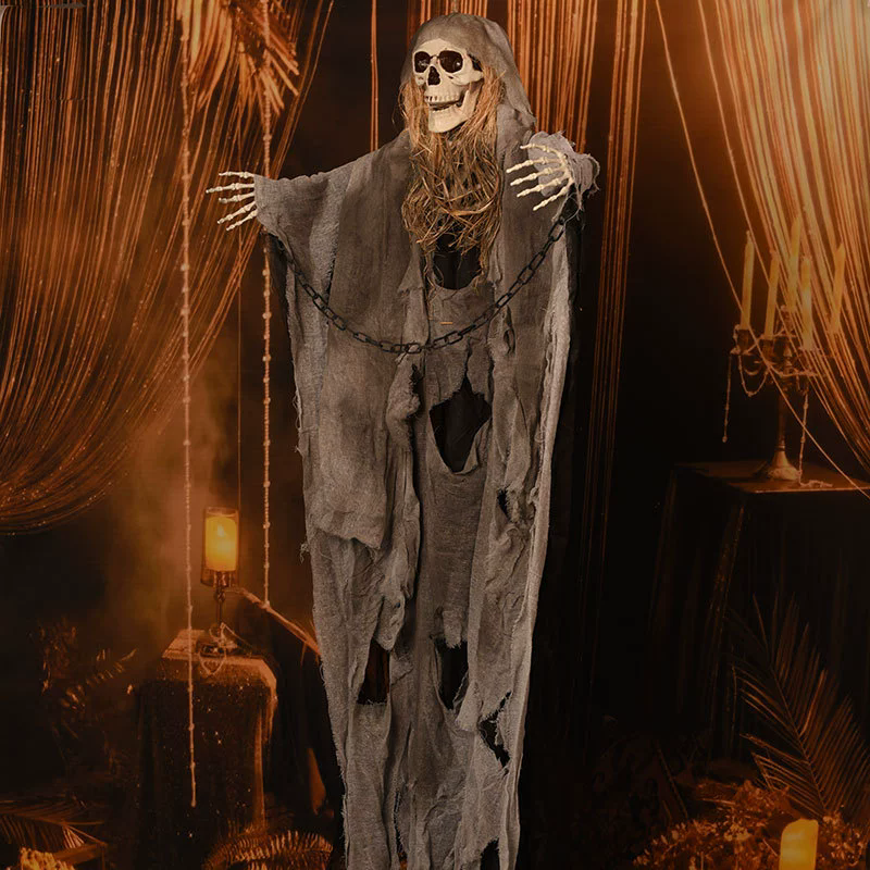 Large Hanging Skeleton Ghost – Floating Skeleton with Tattered Robe & Chain for Haunted House & Yard Decor