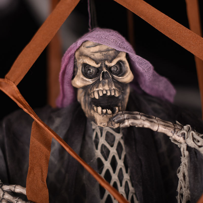 Sound Activated Hanging Ghost – Caged Skeleton with Tattered Cloth & Light for Haunted House Halloween Decor