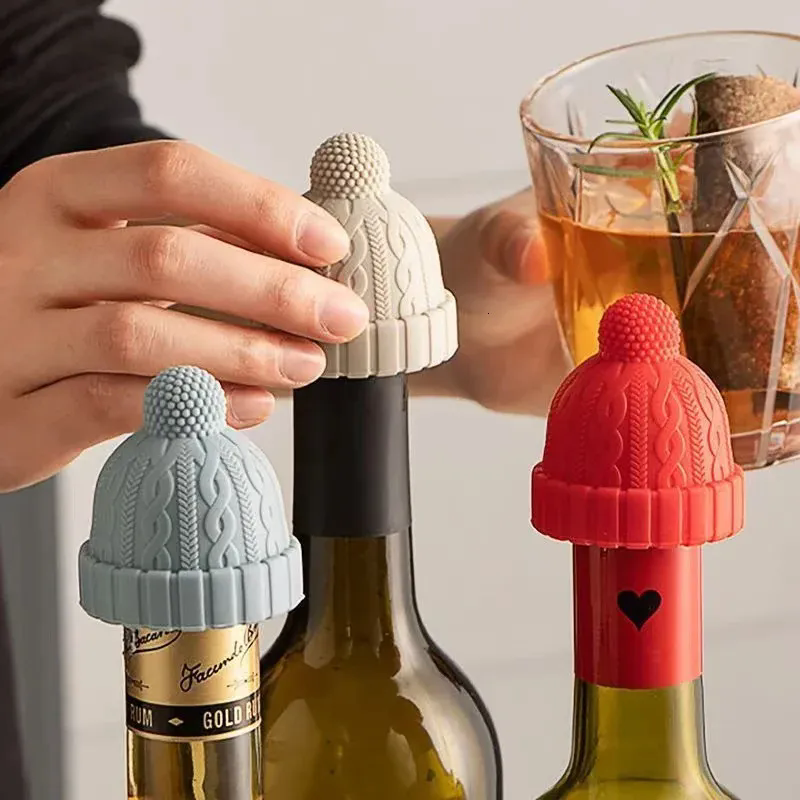 multicolor cable knit pom pom beanie hat food grade silicone wine bottle stopper daily bar scene product shot