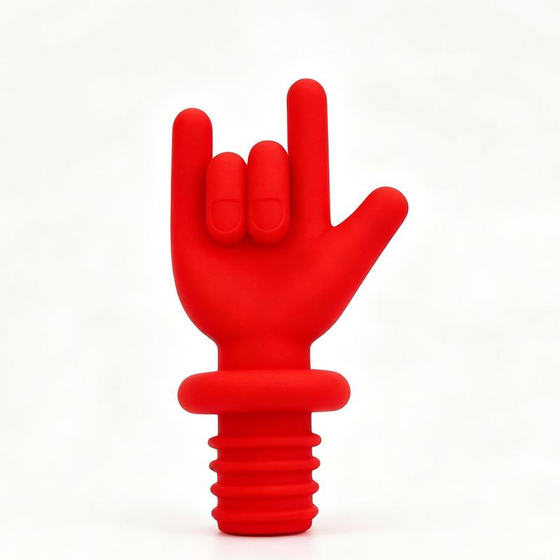 bright red rock on gesture hand food grade threaded silicone wine bottle stopper pure white background product shot