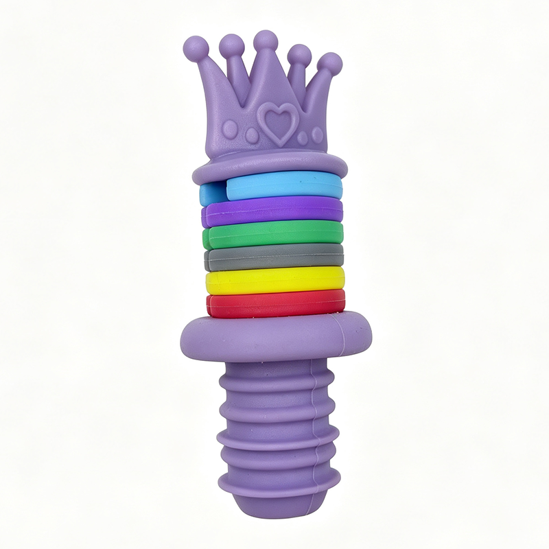 purple heart princess crown rainbow layered food grade threaded silicone wine bottle stopper pure white background product shot