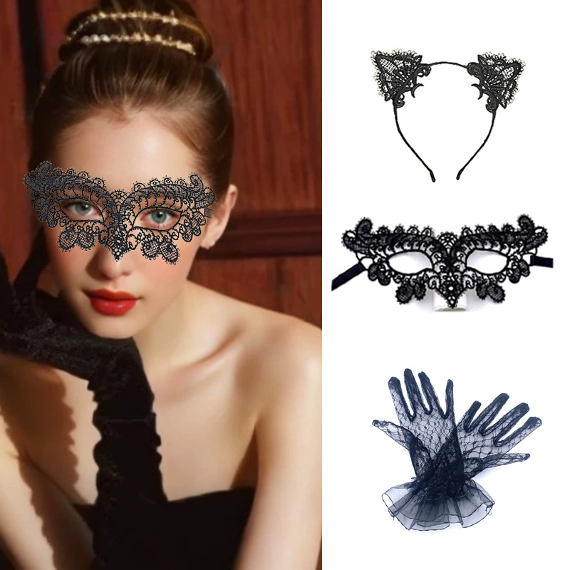 Lace Cat Mask Set – Masquerade Eye Mask with Gloves & Cat Ear Headband for Women, Cute Kitty Costume for Halloween & Fancy Dress
