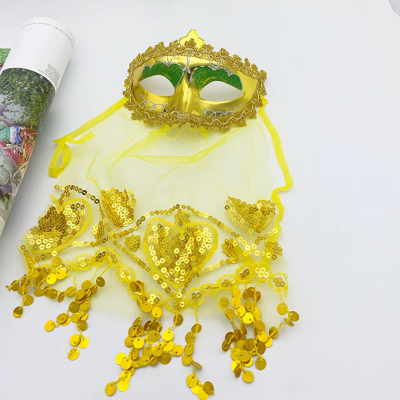 Indian Belly Dance Mask with Veil – Gold Glitter Sequin Half Face Masquerade Mask for Women  Party Costume Accessory