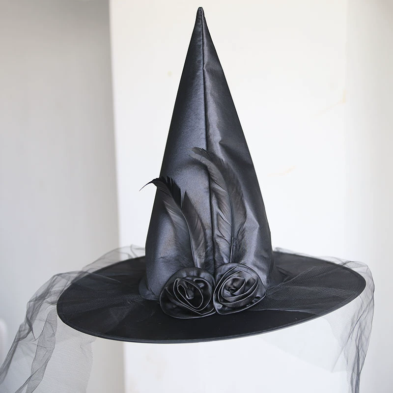 Halloween Rose Flower Witch Hat with Netting – Kids and Adults Tulle Wizard Cap for Masquerade Party
