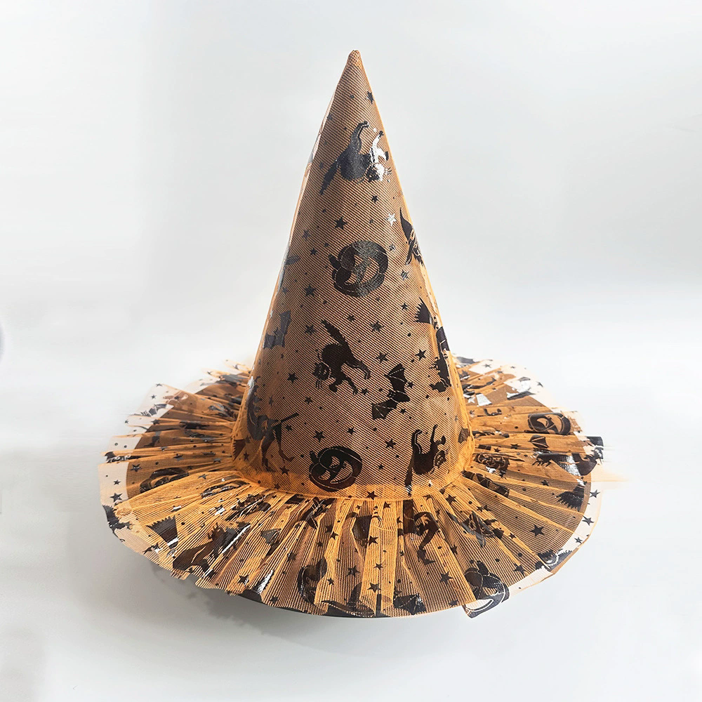 Full Color Printed Netting Witch Hat – Colorful Patterned Tulle Wizard Cap for Adults, Kids, Halloween Party