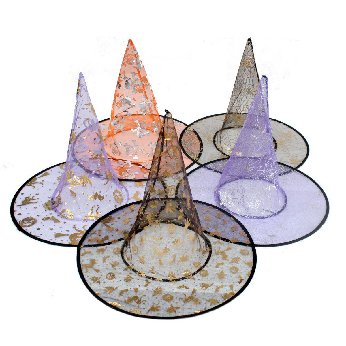 Halloween Witch Hat with Pumpkin & Gold Foil – Metallic Tulle Wizard Cap for Party Decoration