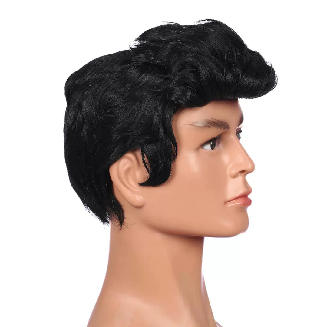 Halloween Men's Black Elvis Wig – Rock and Roll Pompadour Costume Wig for Adults
