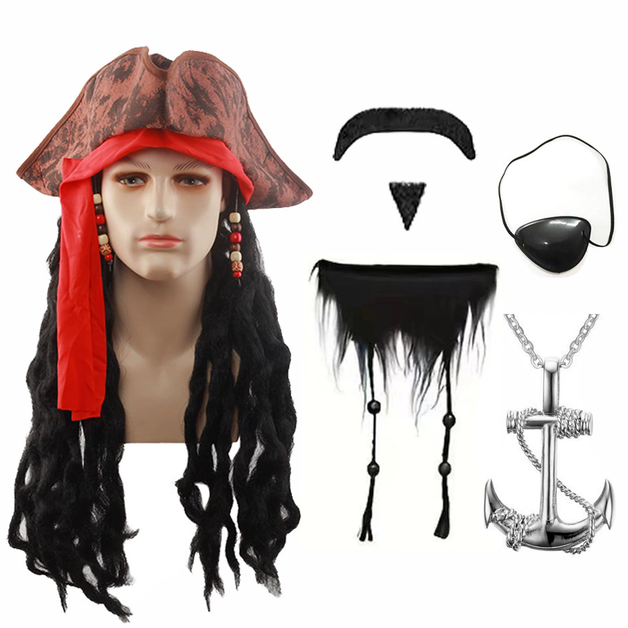 Captain Jack Sparrow Style Wig with Faux Leather Pirate Hat – Men's Caribbean Pirate Costume Set for Halloween