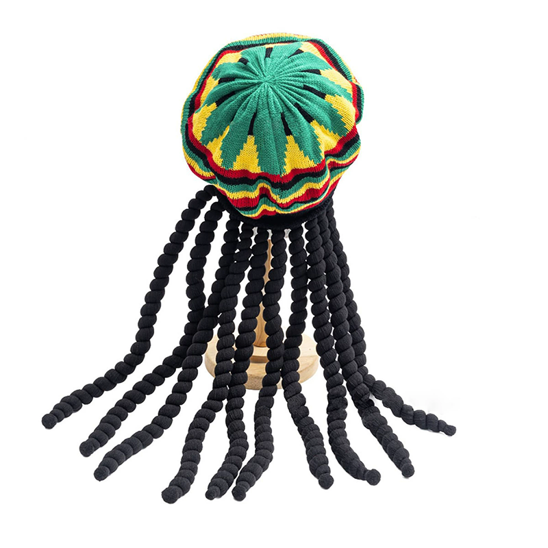 Rasta Reggae Hat with Dreadlocks – Jamaican Beret Knit Octagonal Cap with Fake Hair for Halloween Costume