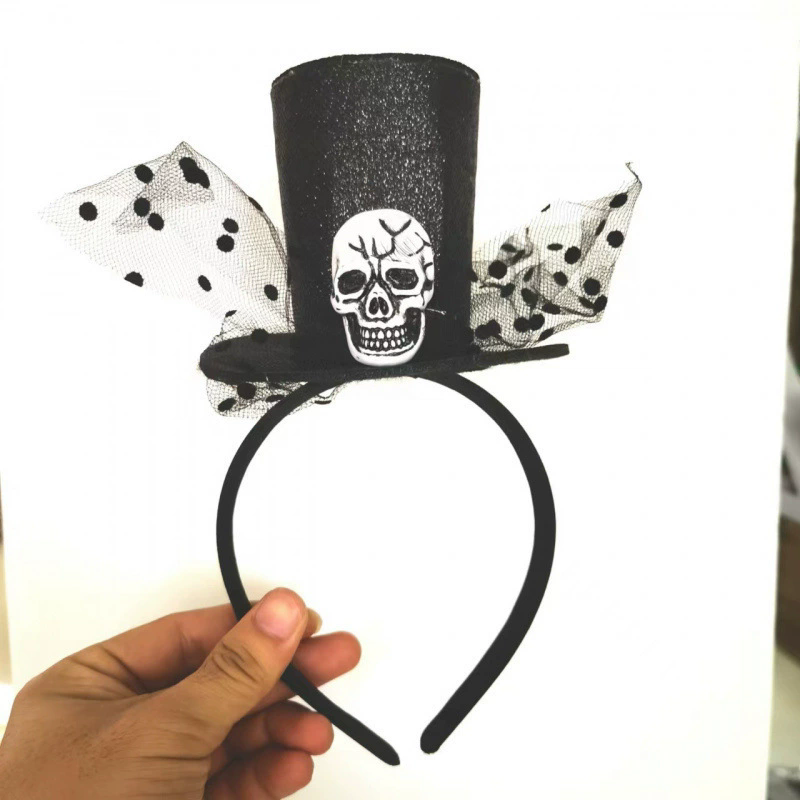 Halloween Red Flower Skull Hat Headband – Gothic Skull Cap with Rose Flower Hairband for Women Costume Prop