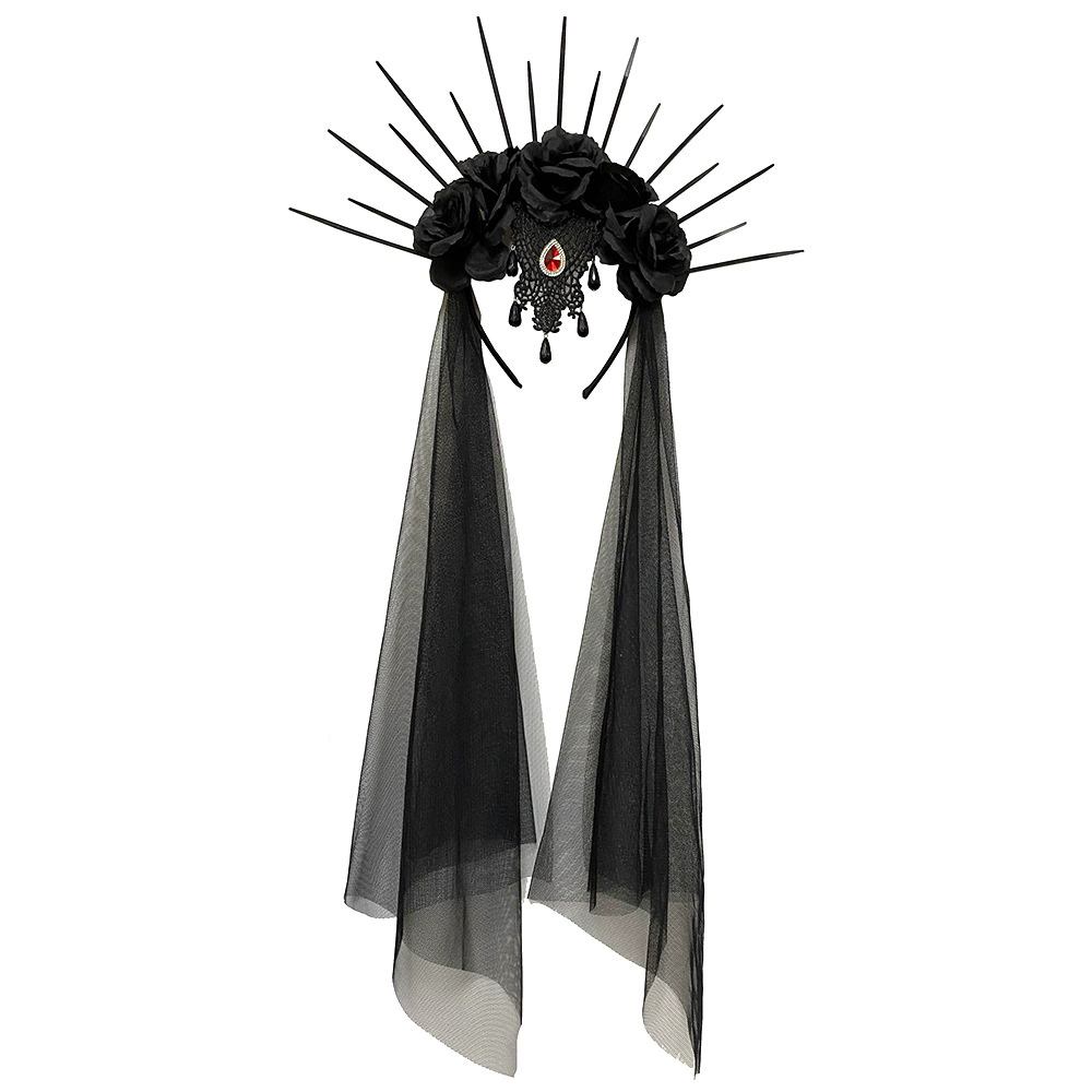 Gothic Crown Headband with Black Rose and Veil – Dark Queen Headpiece for Women Halloween Costume Prop