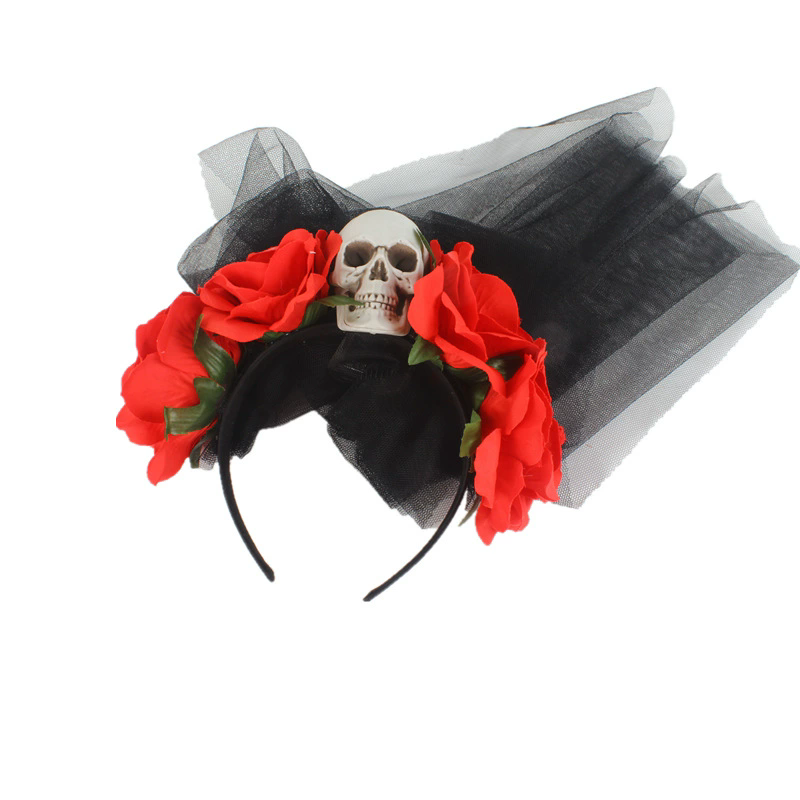Large Skull Headband with Rose Flowers and Mesh Veil – Gothic Halloween Hairband for Women Costume Prop