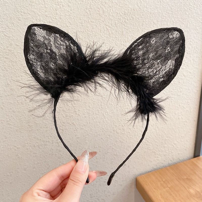 Plush Lace Cat Ear Headband – Fluffy Furry & Lace Kitty Ear Hairband for Women Girls Halloween Costume