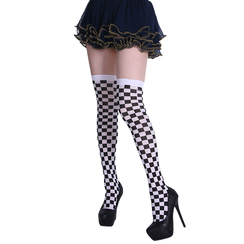 Joker Stripe Over Knee Socks – Harlequin Diamond Pattern Long Thigh High Stockings for Women Halloween Costume