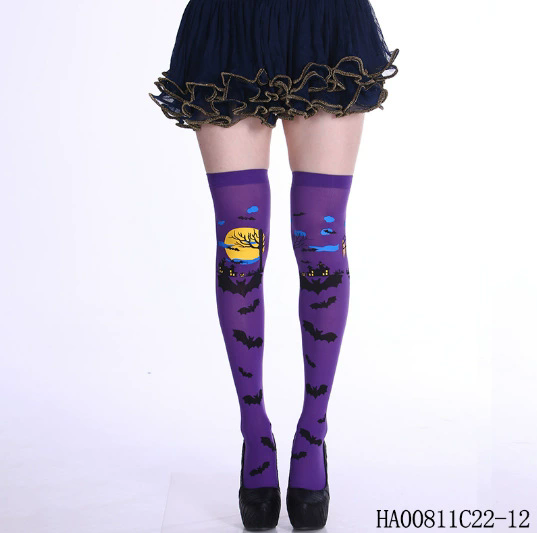 Halloween Bat Pattern Thigh High Socks – Bat Print Over Knee Stockings for Women Costume Prop