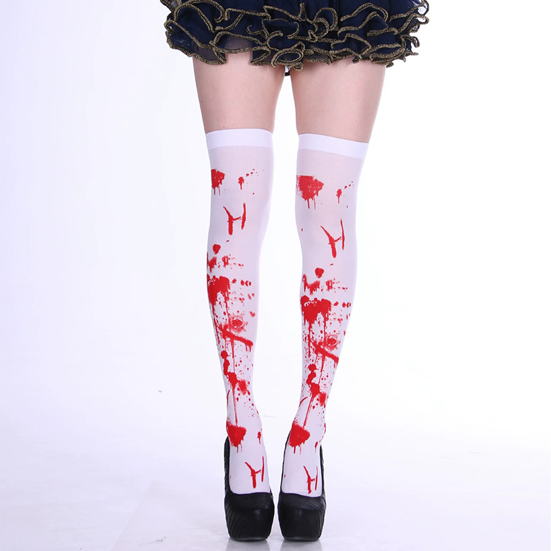 Blood Splatter Over Knee Socks – Halloween Bloody Print Thigh High Stockings for Women Cosplay