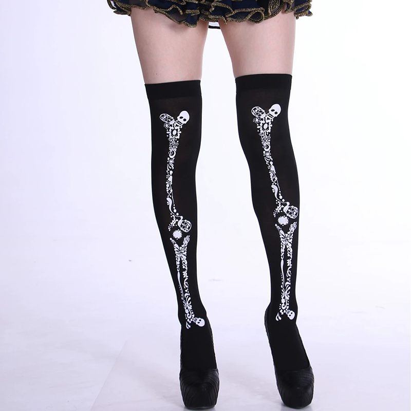 Skeleton Bone Print Thigh High Socks – Skeletal Leg Over Knee Stockings for Women Halloween Costume