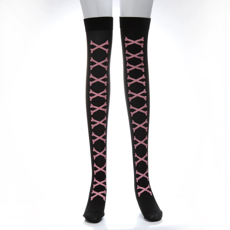 Bone Print Over Knee Stockings – Halloween Thigh High Socks with Bone Pattern for Women