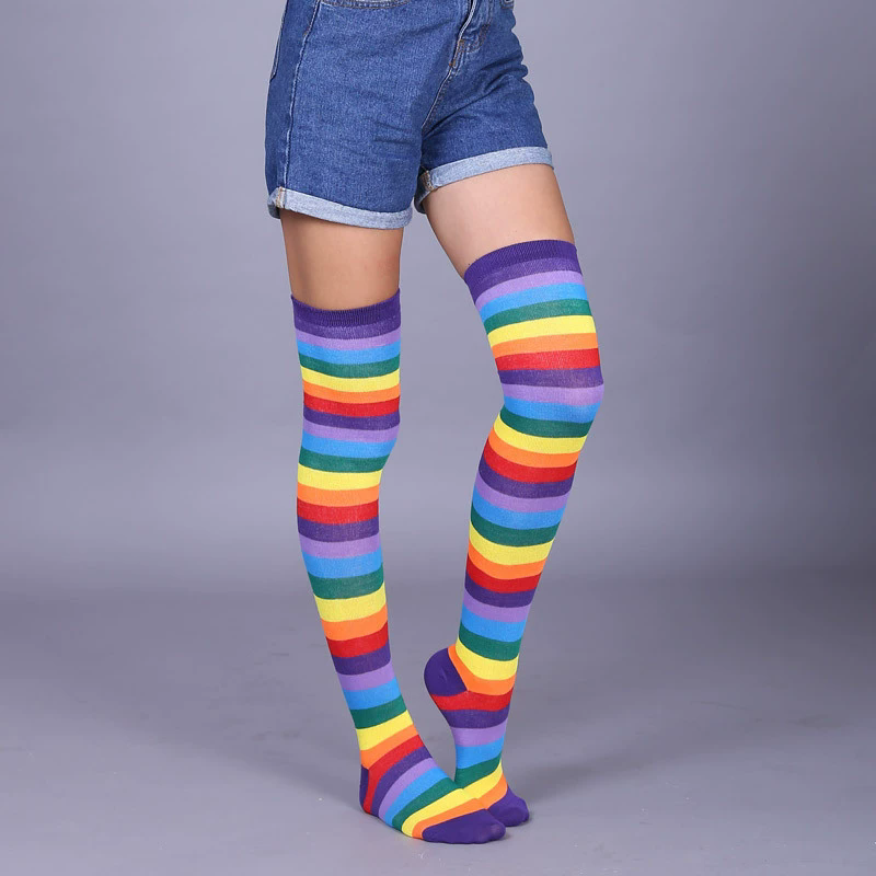 Rainbow Stripe Thigh High Socks – Colorful Over Knee Stockings for Women Halloween Pride Cosplay
